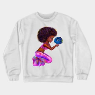 Black anime mermaid with blue tang fish, beautiful  black girl with Afro hair, green eyes, Cherry pink lips and dark brown skin. Hair love ! Crewneck Sweatshirt